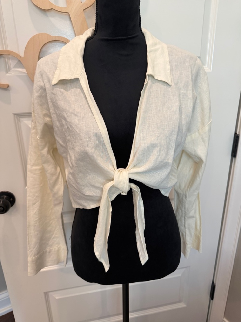 Women's Cream Tie-Front Linen Shirt